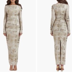 House of CB Lanetta Ruched Bateau Neck Long Sleeve Georgette Dress Sand Small S